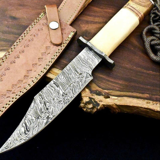 12.5" Handmade Damascus Bowie Knife – Camel Bone Handle & Leather Sheath