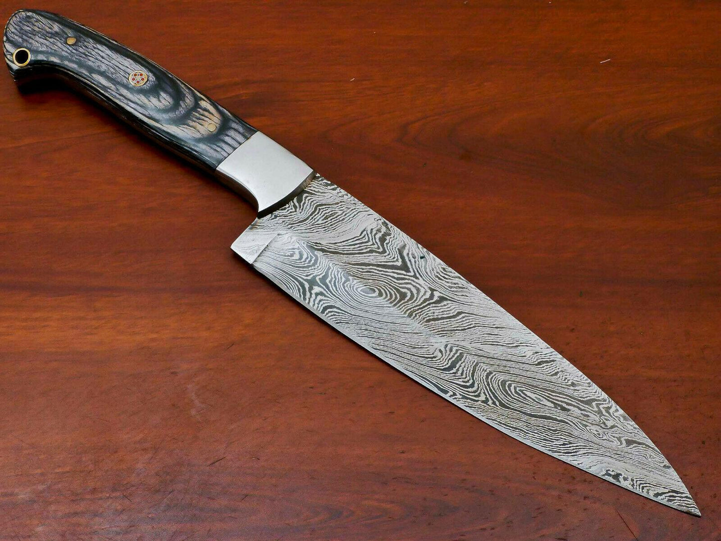 Handmade Damascus Chef Knife – Full Tang 12" with Hardwood Handle & Steel Bolster
