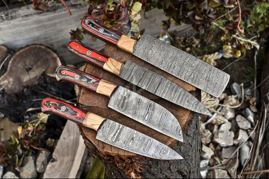 Handmade Damascus Steel 4-Piece Chef Knife Set – Twist Pattern Blades with Wood Handle & Leather Sheath