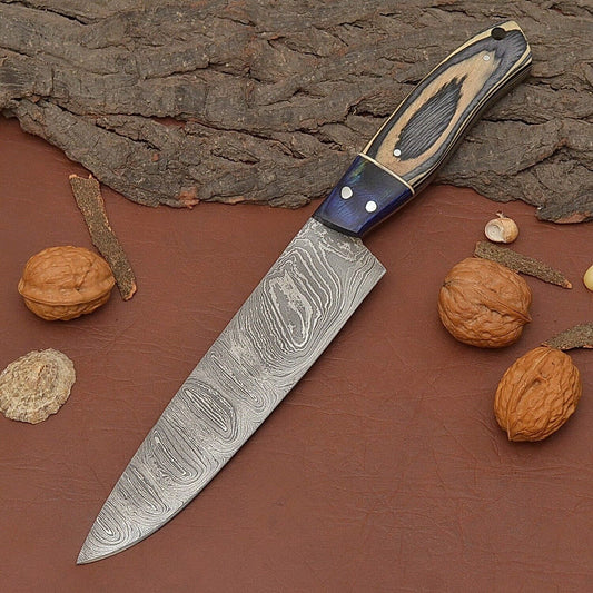 Handmade Damascus Steel 7" Fillet Chef Knife with Pakka Wood Handle & Leather Sheath