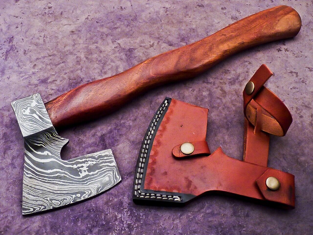 Handmade Damascus Steel Axe 16-Inch with Natural Wood Handle and Leather Sheath