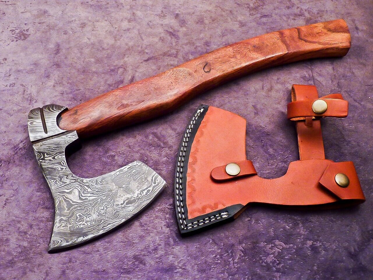 Handmade Damascus Steel Axe Unique Limited Edition with Natural Wood Handle and Leather Sheath