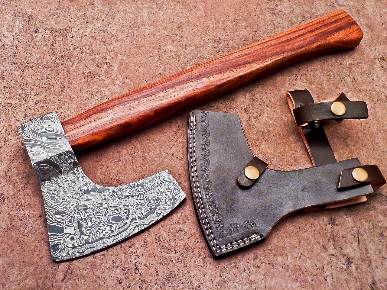 Handmade Damascus Steel Axe with Natural Wood Handle | 15 Inch Custom Forged Axe with Sheath