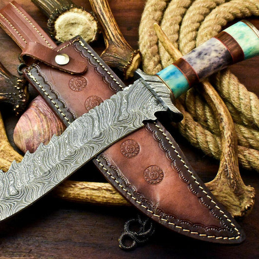 Handmade Damascus Steel Bowie Knife | Camel Bone Handle 15"