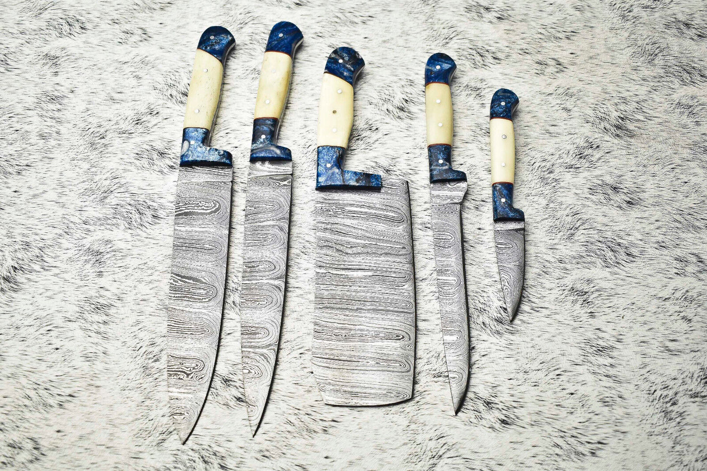 Handmade Damascus Steel Chef & Camping Knife Set – Custom 5-Piece Collection