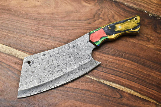 Handmade Damascus Steel Chef Chopper Knife – Full Tang Kitchen Blade with Hardwood Handle
