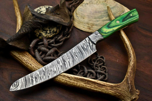 Handmade Damascus Steel Chef Kitchen Knife | Full Tang with Hard Wood Handle – 13"
