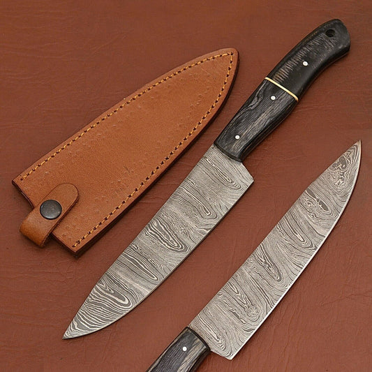 Handmade Damascus Steel Chef Kitchen Knife | Wood Handle with Leather Sheath