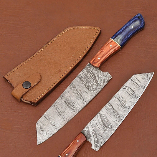 Custom Handmade Damascus Steel Chef Kitchen Knife with Wood Handle & Leather Sheath