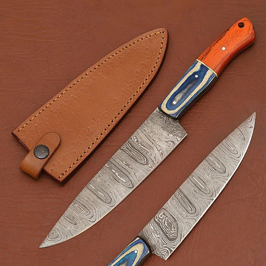 Handmade Damascus Steel Chef Knife 12" | Full Tang Wood Handle with Leather Sheath