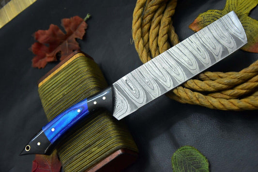 Handmade Damascus Steel Chef Knife | Fixed Blade with Wooden & Horn Handle Sheath