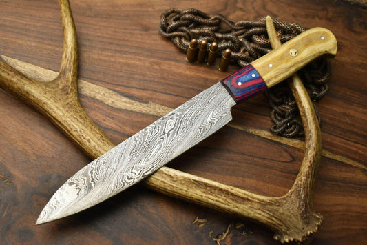 Handmade Damascus Steel Chef Knife | Full Tang Kitchen Knife with Hard Wood