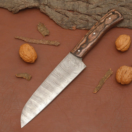 Handmade Damascus Steel Chef Knife – Full Tang Kitchen Knife with Wood Handle & Leather