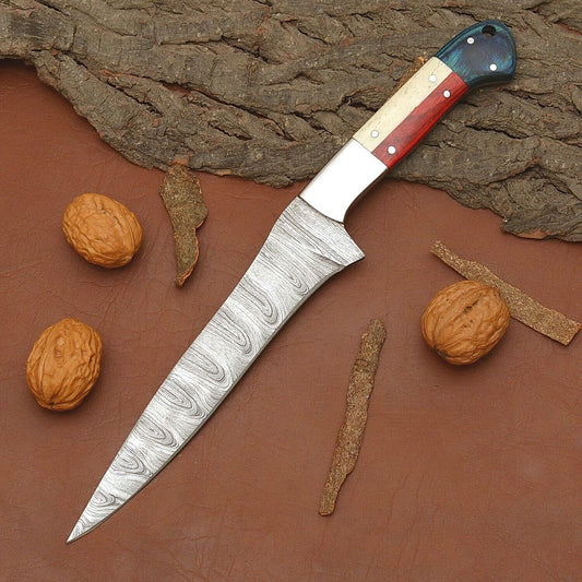 Handmade Damascus Steel Chef Knife – Kitchen Knife with Wood Handle & Leather Sheath