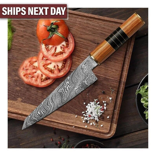 Handmade Damascus Steel Chef Knife | Rosewood & Buffalo Horn Handle | Kitchen Gift with Sheath