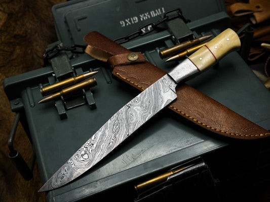 Handmade Damascus Steel Chef Knife with Camel Bone Handle & Leather Sheath – 4" Blade