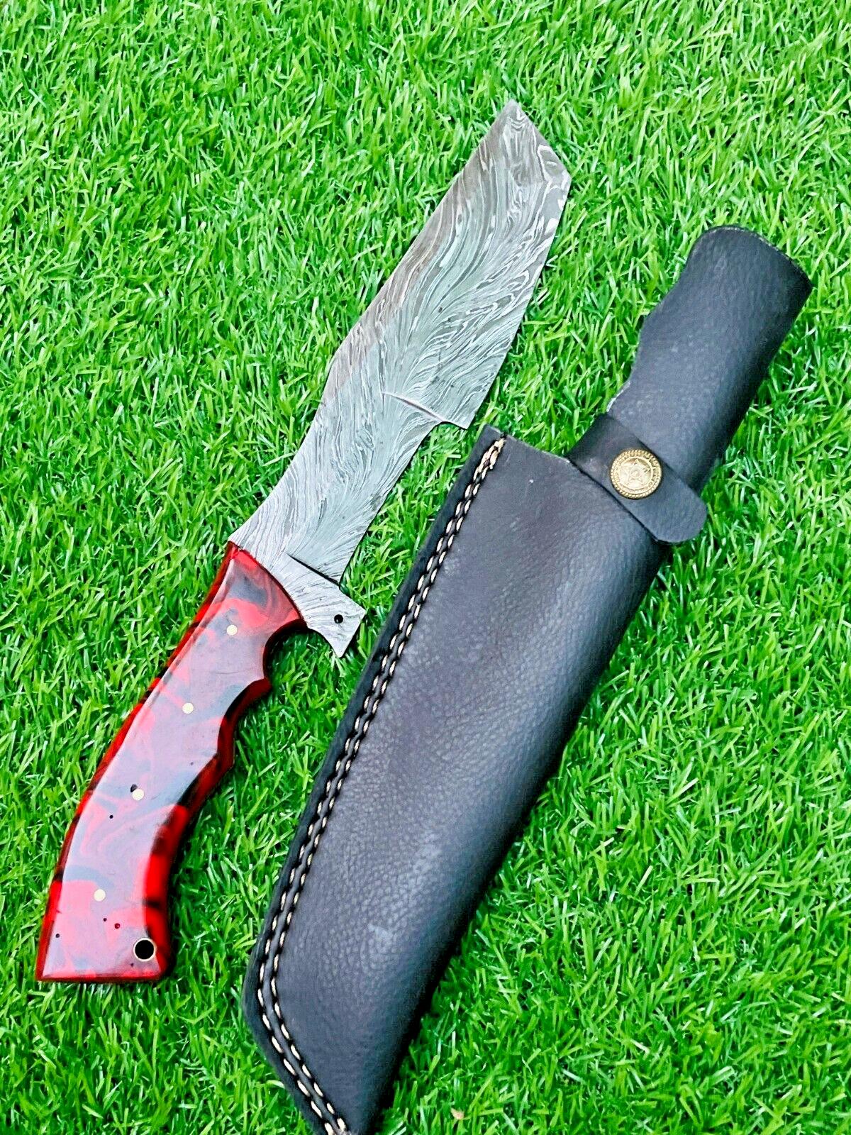 Handmade Damascus Steel Feather Pattern Tracker Knife – Camping, Hunting, Bushcraft, EDC with Resin Handle & Sheath