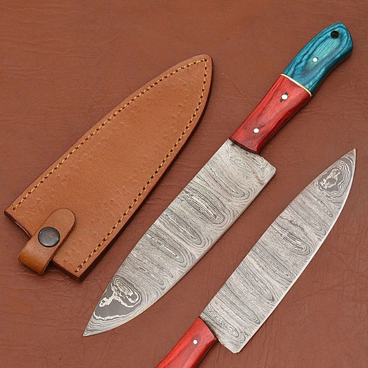 Handmade Damascus Steel Fillet & Chef Knife with Pakka Wood Handle and Leather Sheath
