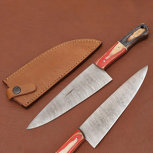 Handmade Damascus Steel Fillet Chef Knife with Wood Handle & Leather Sheath