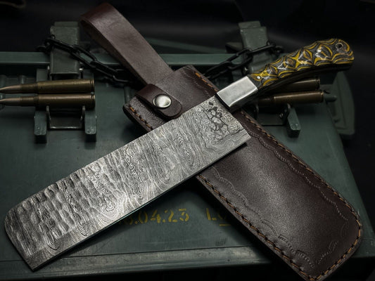 Handmade Damascus Steel Hunting Chef Cleaver Knife – Full Tang Wood Handle with Leather Sheath