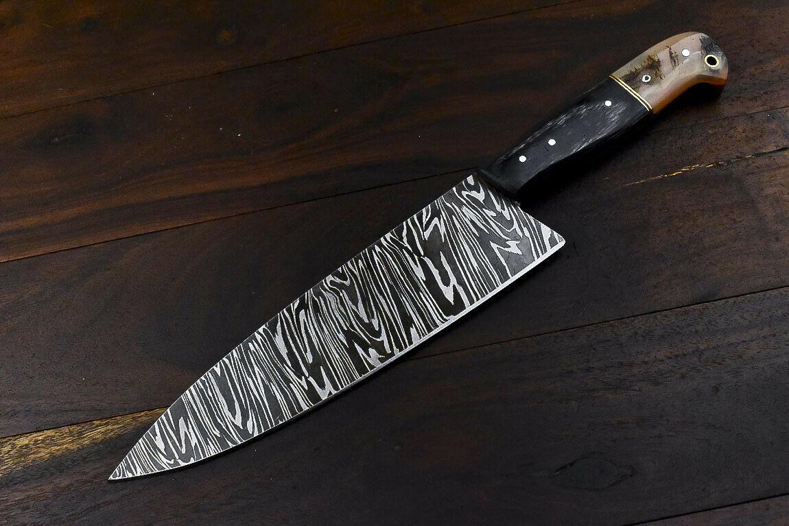 Handmade Damascus Steel Hunting Chef Knife 13" | 8" Blade, Ram’s Horn Handle, Full Tang, Custom Forged