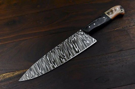 Handmade Damascus Steel Hunting Chef Knife 13" | 8" Blade, Ram’s Horn Handle, Full Tang, Custom Forged