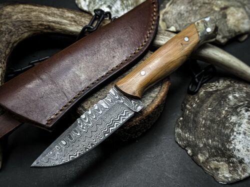 Handmade Damascus Steel Hunting Survival Knife, Wood Handle, Leather Sheath