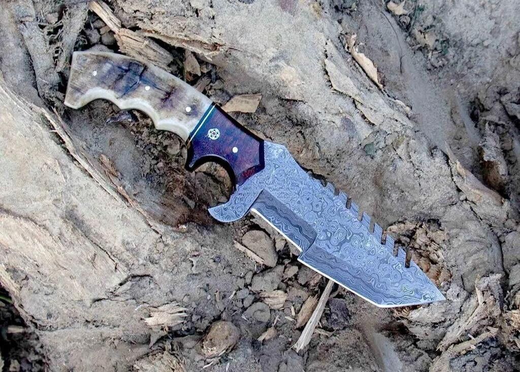Handmade Damascus Steel Hunting Tracker Knife – 10" Full Tang Twist Pattern Blade with Wood Handle + Leather Sheath