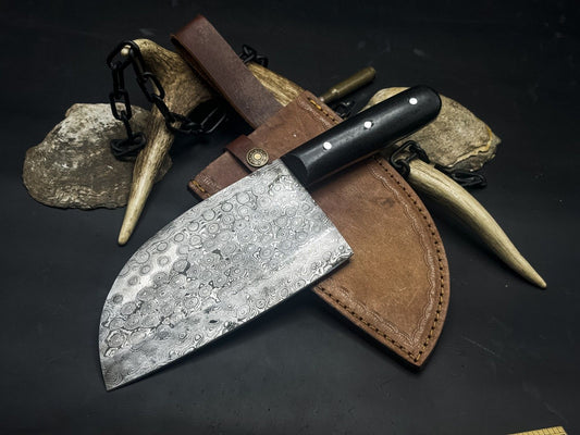 Handmade Damascus Steel Kitchen Chef Cleaver – Full Tang EDC Knife with Wood Handle & Leather Cow Sheath