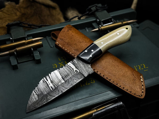 Handmade Damascus Steel Kitchen Chef Cleaver Knife with Camel Bone Handle & Leather Sheath