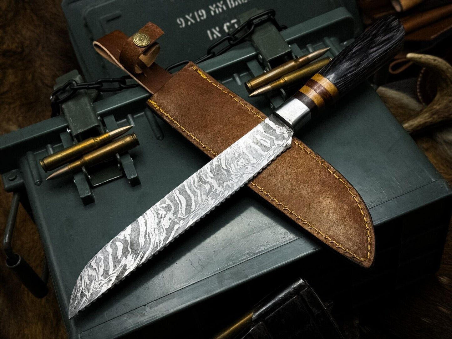 Handmade Damascus Steel Kitchen Chef Cutting Knife with Wood Handle & Leather Sheath