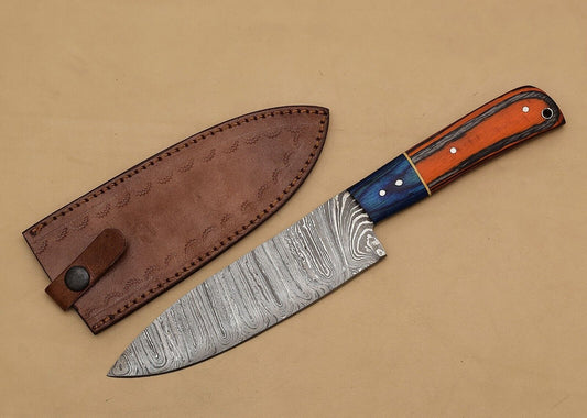 Handmade Damascus Steel Kitchen Chef Fillet Knife with Pakka Wood Handle & Leather Sheath