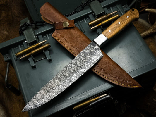 Handmade Damascus Steel Kitchen Chef Knife with Wood Handle & Cow Leather Sheath