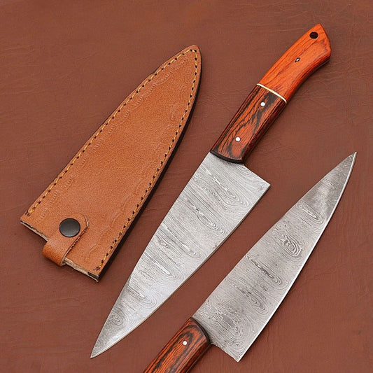 Custom Handmade Damascus Steel Kitchen Knife | 7" Chef Knife with Wood Handle & Sheath