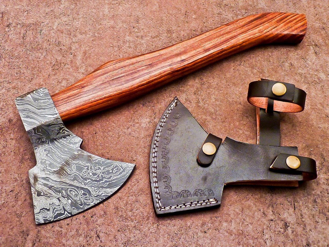 Handmade Damascus Steel Mini Tomahawk Axe with Natural Wood Handle and Leather Sheath