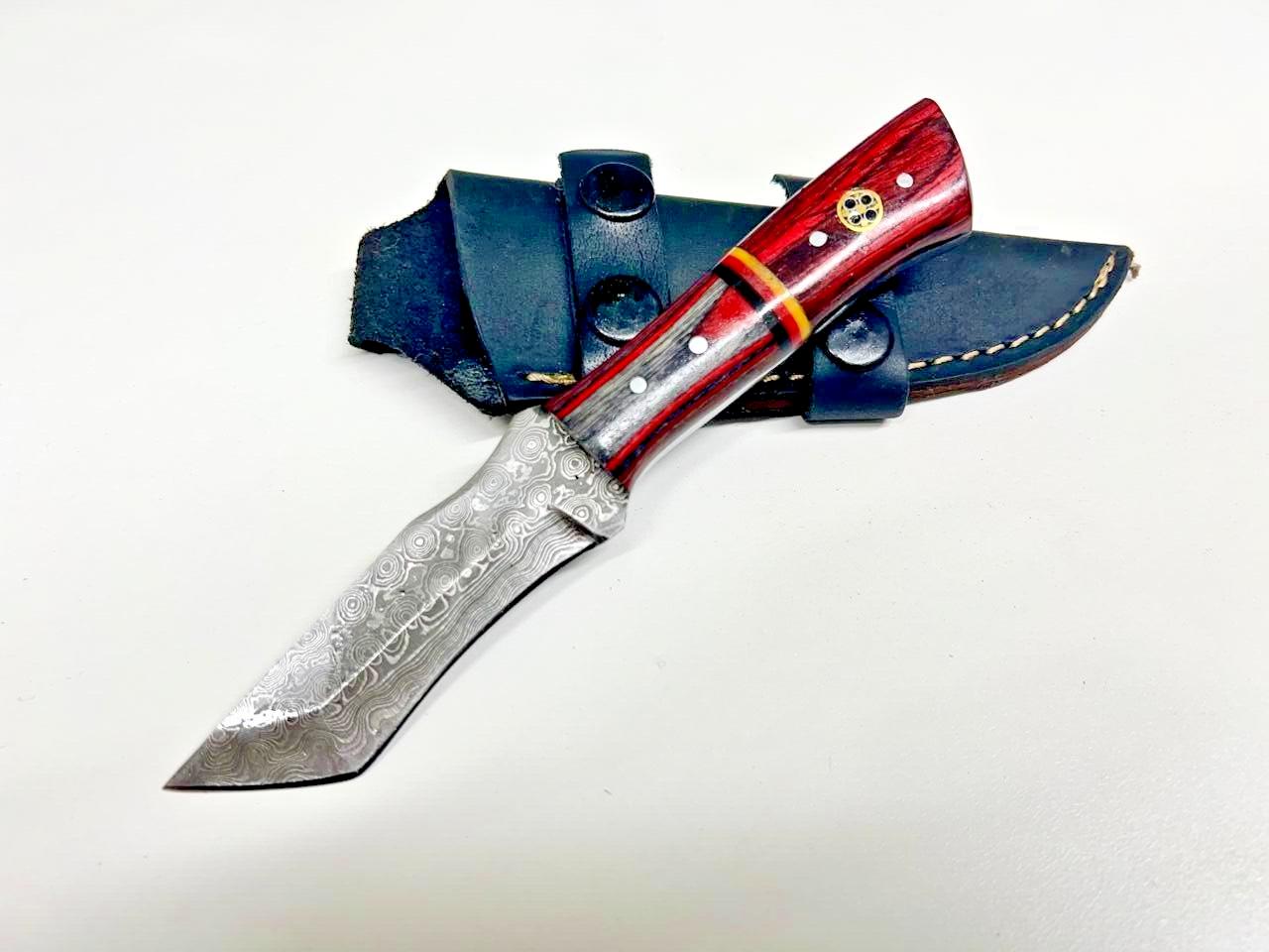 Handmade Damascus Steel Tracker Knife – Custom Wood Handle Camping Hunting Knife with Sheath