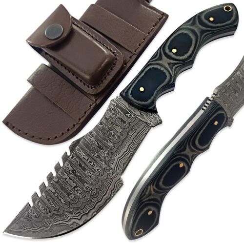 Handmade Damascus Steel Tracker Knife EDC – Full Tang Hunting, Camping & Survival Knife with Micarta Handle and Premium Leather Sheath