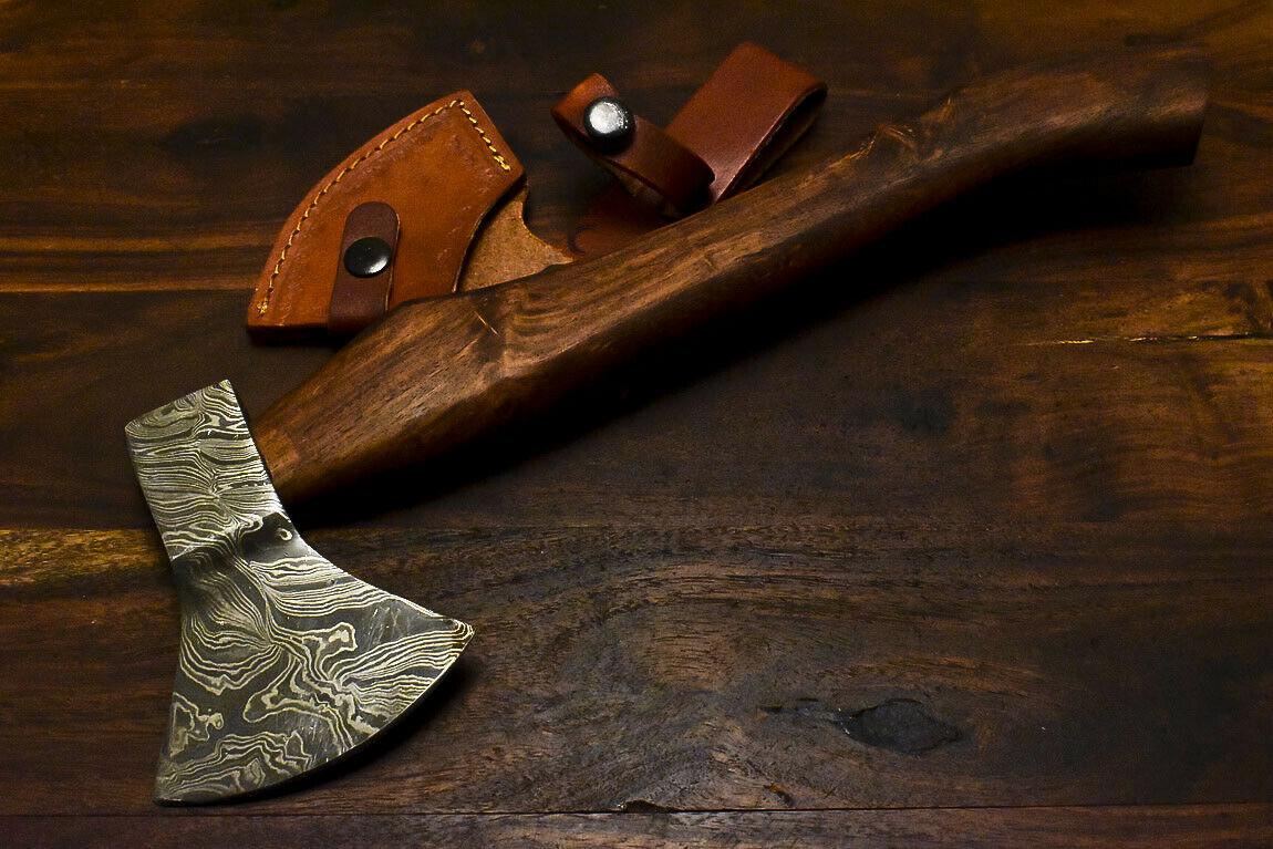 : Handmade Damascus Steel Walnut Wood Tomahawk Hunting Axe Knife with Leather Sheath