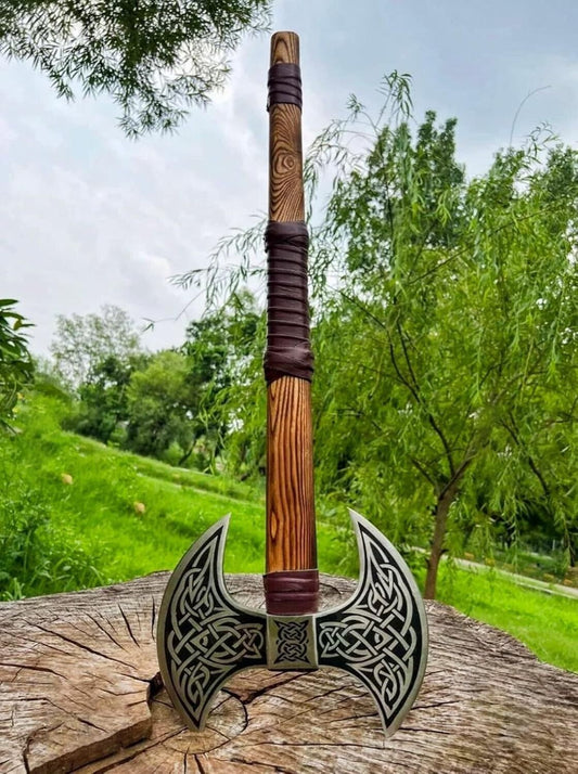 Handmade Double Head Viking Berserker Axe with Forged Steel Blades and Wooden Handle