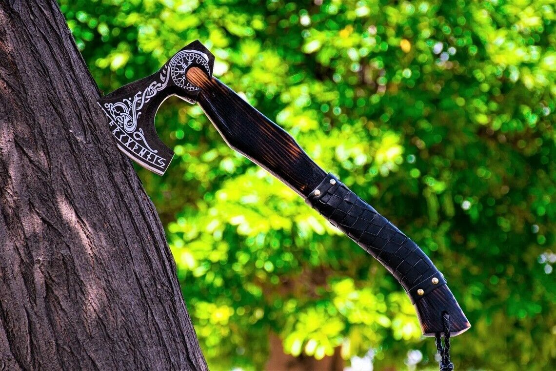 Handmade Engraved Viking Hunting Axe 18.5 Inch Carbon Steel with Leather Sheath