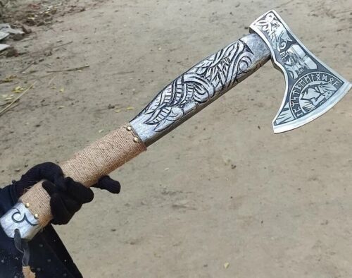 Handmade Etched Carbon Steel Viking Throwing Axe with Ashwood Carved Paracord Handle and Leather Sheath