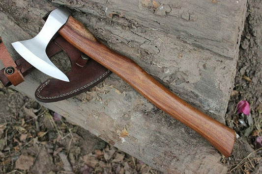 Handmade Etched High Carbon Steel Viking Axe with Ash Wood Handle and Leather Sheath