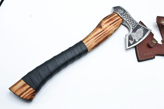 Handmade Etched High Carbon Steel Viking Axe with Leather Wrapped Ash Wood Handle and Sheath