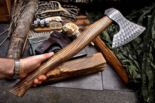 Handmade 1095 Forged Bearded Viking Axe – Camping Hatchet with Leather Sheath