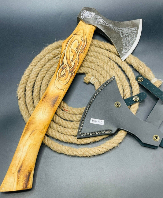 Handmade Forged Damascus Steel Viking Bearded Camping Hatchet Tomahawk Axe