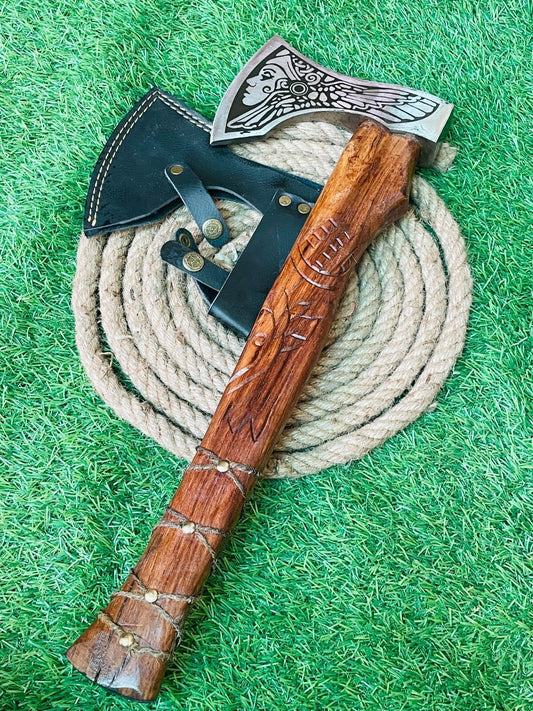 Handmade Forged Steel Viking Bearded Camping Axe with Wood Handle and Leather Sheath