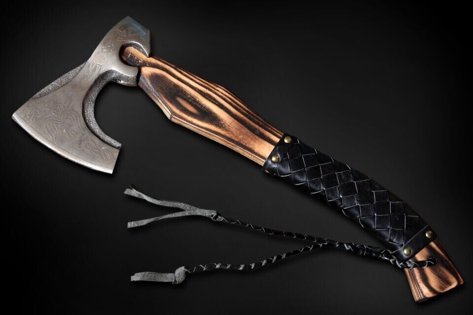 Handmade Forged Viking Axe – Stainless Steel Hatchet with Wooden Handle and Leather Sheath