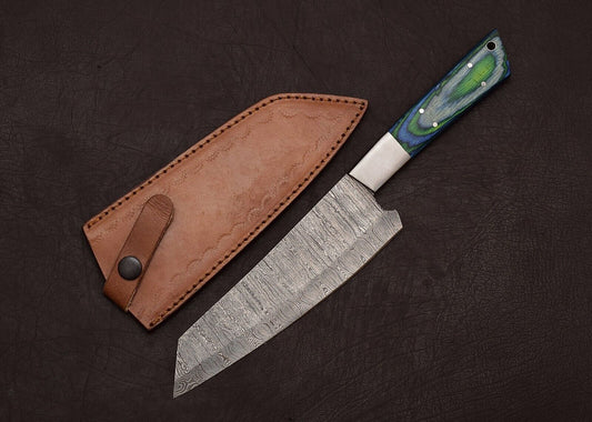 Handmade Full Tang Damascus Steel Chef & Hunting Knife 8" Pakka Wood Handle Sheath