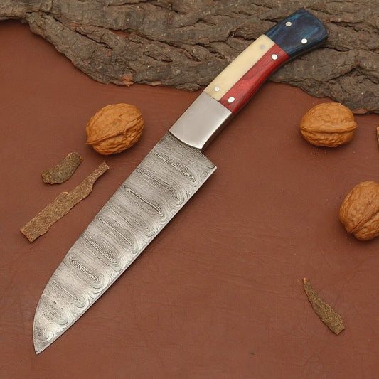 Handmade Full Tang Damascus Steel Chef Kitchen Knife with Wood Handle & Leather Sheath