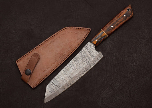 Handmade Full Tang Damascus Steel Chef Knife 8" Pakka Wood Handle Sheath